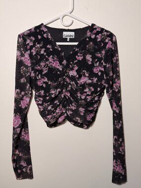 Ganni Ruched Floral Mesh Crop Top Size Medium